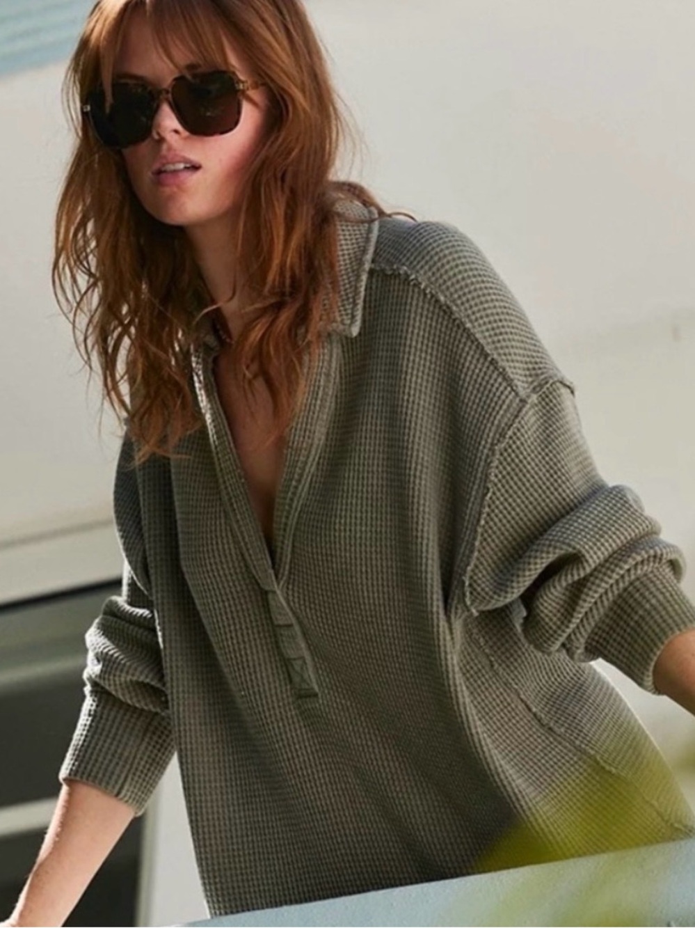 Aerie Lumberjane Waffle Knit V Neck Long Sleeve Shirt Green Medium